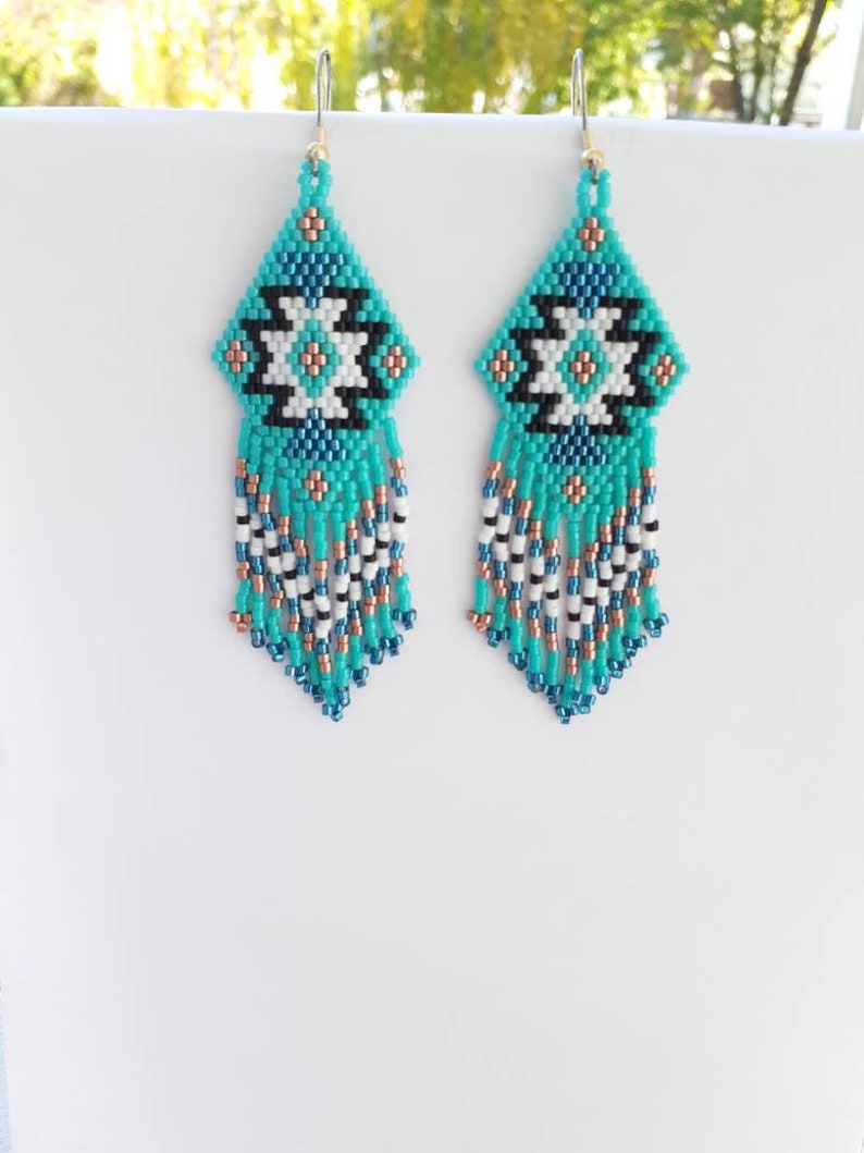 Native American Style Beaded Rug Earrings Black Turquoise | Etsy