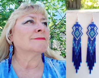 Native American Style Beaded Earrings Blue, White Turquoise, Silver Southwestern, Boho, Brick Stitch, Geometric Great Gift Ready to Ship