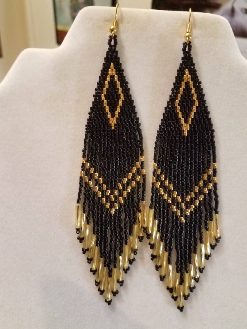 Great Gift Hippie Long Peyote Brick Stitch Native American Style Beaded Black and Gold Earrings Shoulder Duster Boho Southwestern
