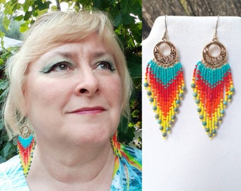 Turquoise Fringe Beaded Earrings Southwestern, Bohemian, Victorian, Gypsy Peyote Brick Stitch Great Gift Ready to Ship