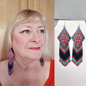 Native American Style Beaded Turquoise & Red Earrings Shoulder Duster Bohemian, Southwestern, Statement, Brick Stitch, Fringe Ready to Ship zdjęcie 1