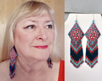 Native American Style Beaded Turquoise & Red Earrings Shoulder Duster Bohemian, Southwestern, Statement, Brick Stitch, Fringe Ready to Ship