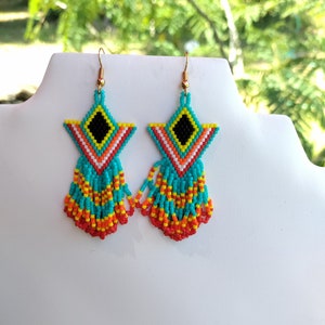Indigenous Style Beaded Arrow Earring Turquoise Red Orange Yellow Southwestern, Boho, Brick Stitch, Peyote, Great Gift Ready to Ship