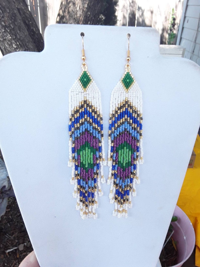 Brick Stitch Peyote Great Gift Native American Style Beaded Peacock Eye Earrings 5 12 in long Shoulder Dusters Southwestern Hippie Boho