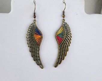 Bronze Tone Rainbow Metal Angel Wing Thread Earrings Southwestern, Bohemian, Hippie Mystical, Edgy great gift, Ready to Ship