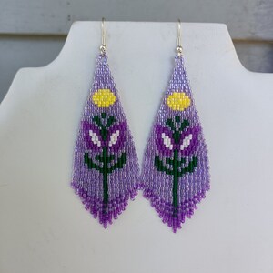 Native American Style Beaded Purple Color Flower Violet Earrings Brick Stitch Bohemian Southwestern Hippie Hand Made Great Gift Ready to Shi image 7