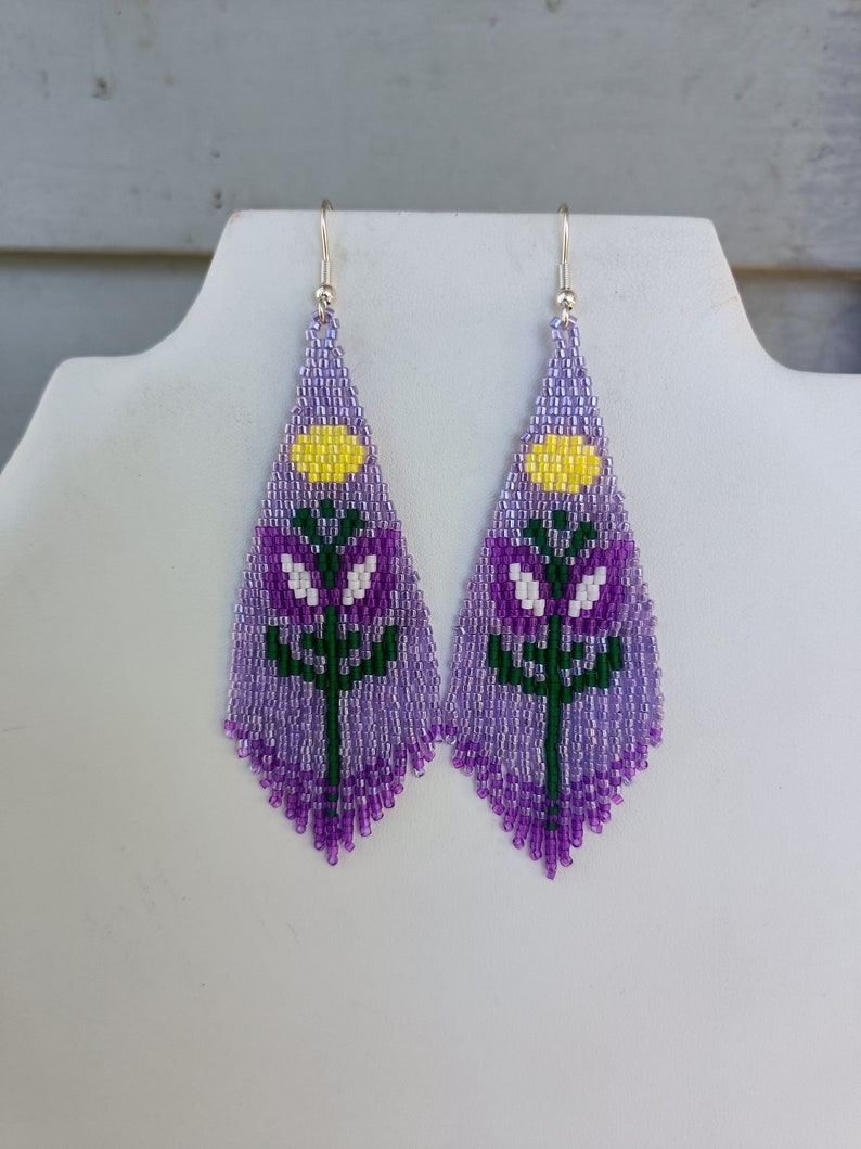 Native American Style Beaded Purple Color Flower Violet Earrings Brick Stitch Bohemian Southwestern Hippie Hand Made Great Gift Ready to Shi image 7