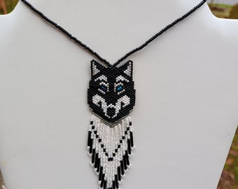 Beaded Black and white Wolf charm for mirror Southwestern, Hippie, Bohemian, Brick Stitch, Peyote, Fringe Great Gift Made to Order