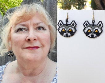 Native American Style Beaded Raccoon Animal Wildlife Earrings Southwestern, Bohemian, Hippie Wild Life