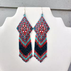 Native American Style Beaded Turquoise & Red Earrings Shoulder Duster Bohemian, Southwestern, Statement, Brick Stitch, Fringe Ready to Ship zdjęcie 7