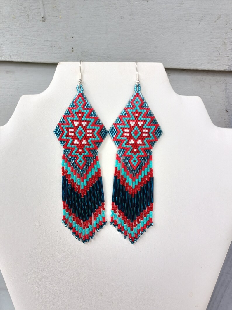 Native American Style Beaded Turquoise & Red Earrings Shoulder Duster Bohemian, Southwestern, Statement, Brick Stitch, Fringe Ready to Ship zdjęcie 7