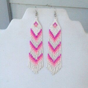 Native American Style Beaded Pink and White Earrings Shoulder Dusters Southwestern, Boho, Gypsy, Brick Stitch, Peyote, Great Gift image 6