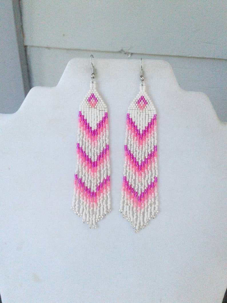 Native American Style Beaded Pink and White Earrings Shoulder Dusters Southwestern, Boho, Gypsy, Brick Stitch, Peyote, Great Gift image 6