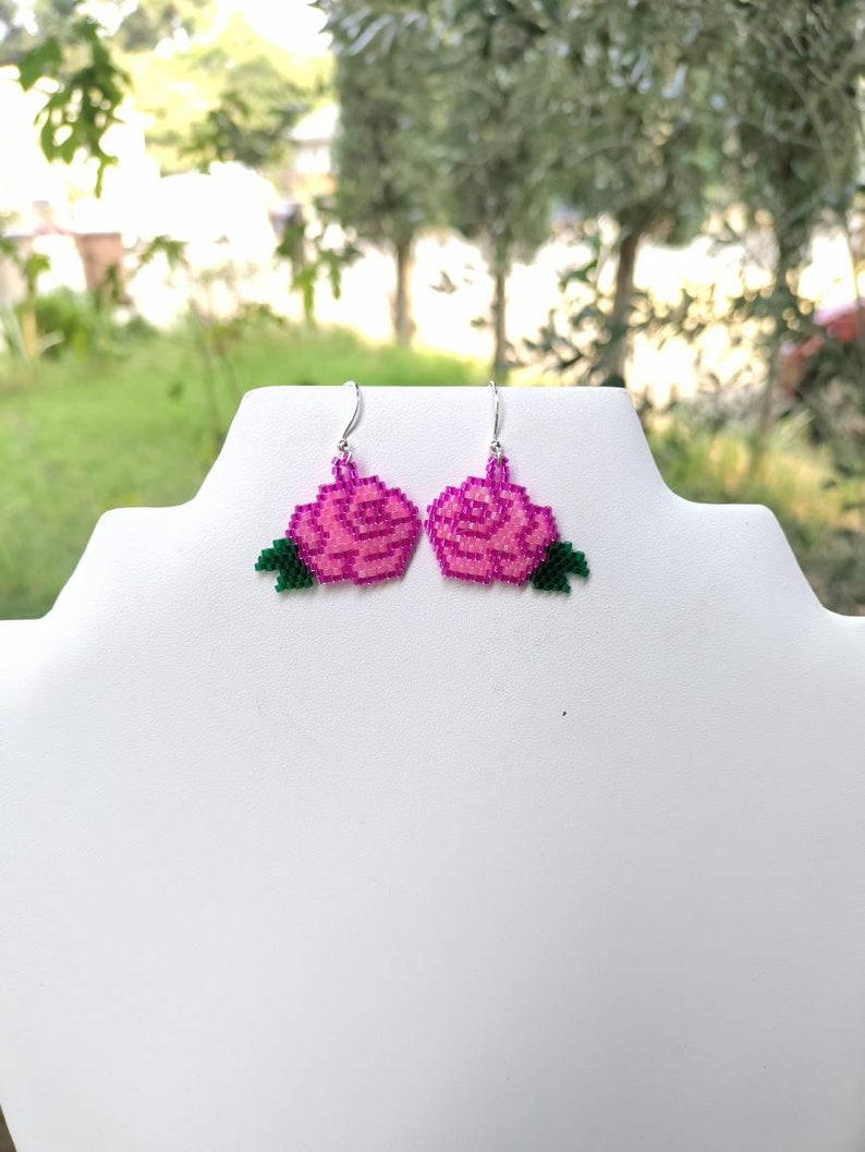Beautiful Native American Style Beaded Pink Rose Flower Earrings Southwestern, Boho, Peyote Brick Stitch Great Gift image 5