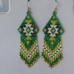 Native American Style Beaded Rug Earrings Emerald Green, Gold, Black ...