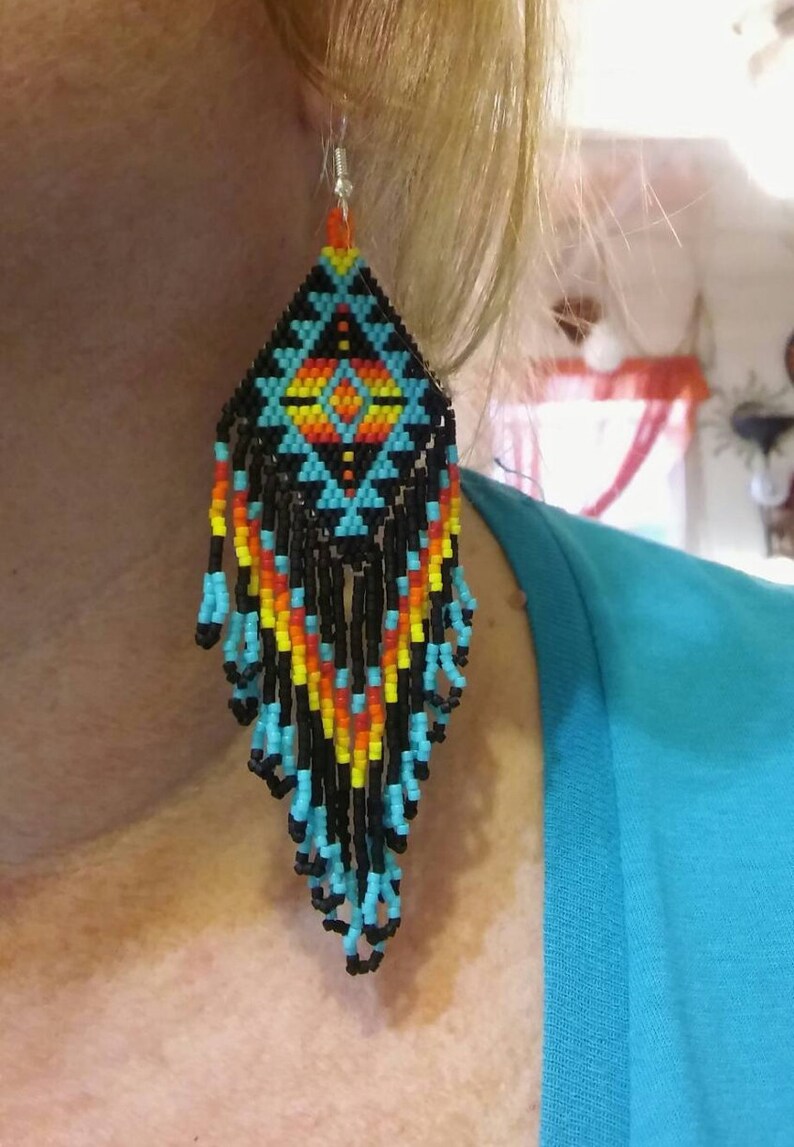 Native American Style Beaded Turquoise Blanket Earrings in | Etsy