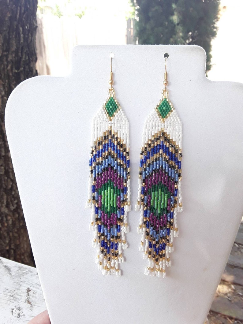 Brick Stitch Peyote Great Gift Native American Style Beaded Peacock Eye Earrings 5 12 in long Shoulder Dusters Southwestern Hippie Boho