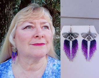 Beaded Butterfly Metal Fringe Earrings purple Delica Southwestern, Bohemian, Native American Style, Brick Stitch Ready to Ship