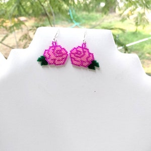 Beautiful Native American Style Beaded Pink Rose Flower Earrings Southwestern, Boho, Peyote Brick Stitch Great Gift image 2