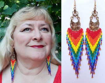 Beaded Rainbow Fringe Earrings Southwestern, Native, Victorian Gypsy Shoulder Duster, Stitch Brick, Great Gift Ready to Ship