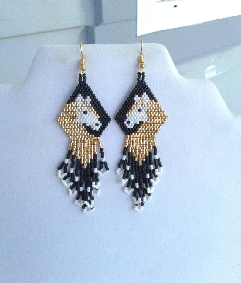 Native American Style Beaded Gold and White Horse Earrings Beautiful Southwestern, Boho, Gypsy, Brick Stitch, Peyote, Loom Great Gift image 2