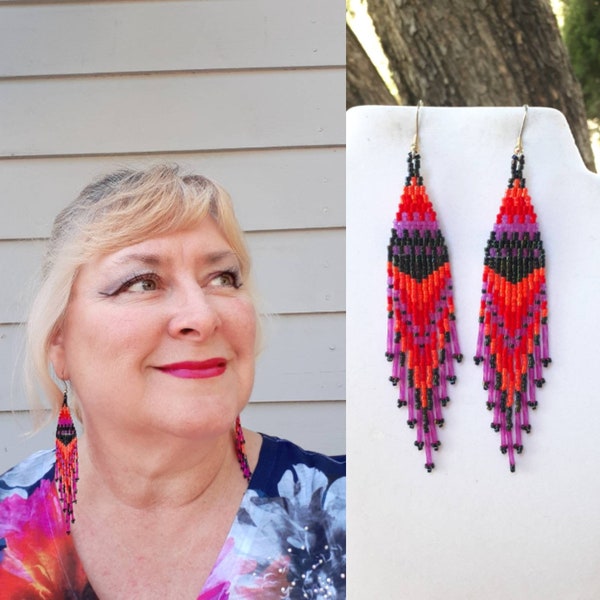 Native American Style Beaded Sunset Earrings Shoulder Dusters, Southwestern, Hippie, Bohemian Brick Stitch, Peyote, Gypsy Ready to Ship