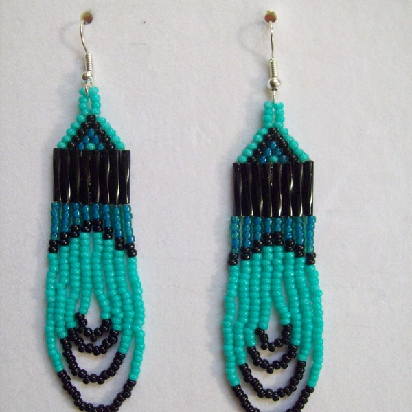 Native American Turquoise, Black and Turquoise Seed Beaded Earring Ready to Ship 'GREAT GIFT'