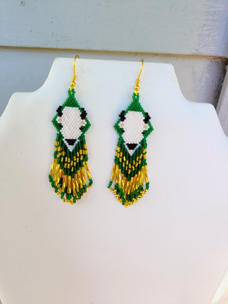 Native American Style Beaded White Buffalo Earring in Green and Gold