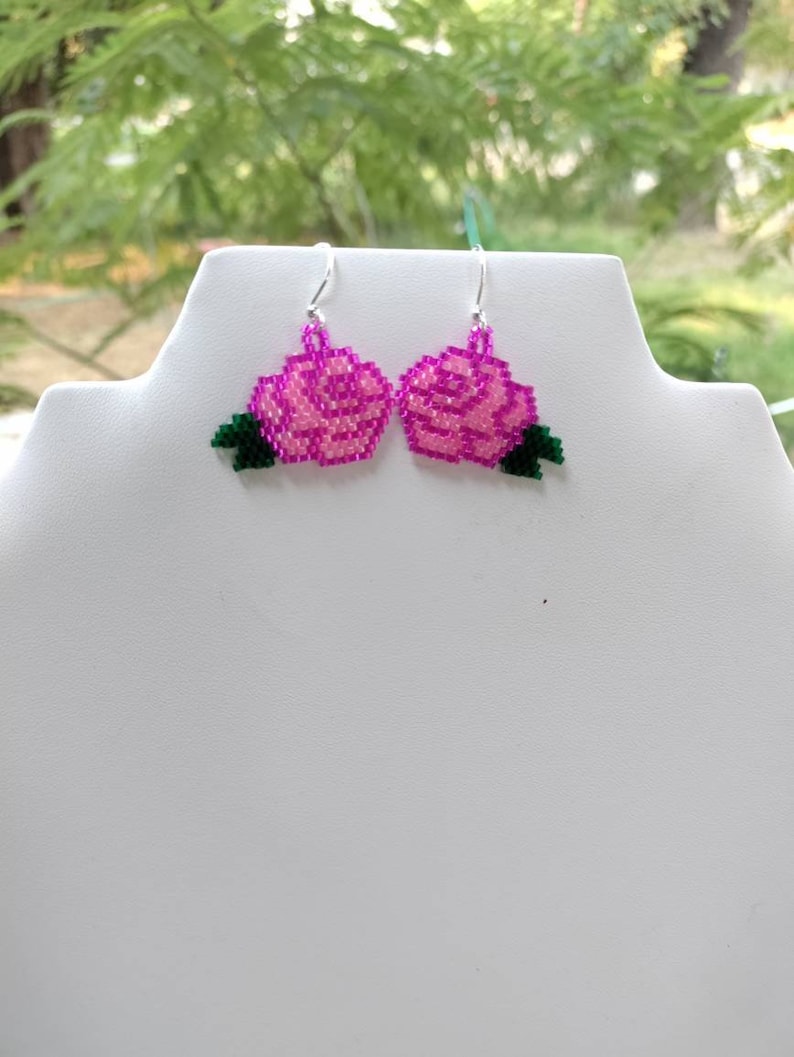 Beautiful Native American Style Beaded Pink Rose Flower Earrings Southwestern, Boho, Peyote Brick Stitch Great Gift image 4