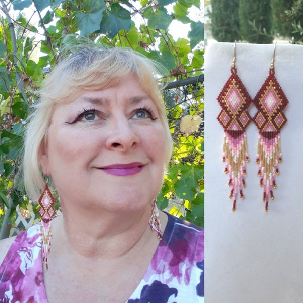 Native American Style Beaded Chandelier Earrings Burgundy, Gold, Pink, Frost Bohemian, Southwestern, Gypsy Peyote Brick Stitch