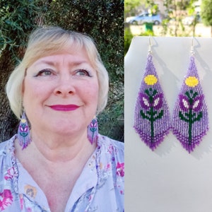 Style amérindien perles couleur pourpre fleur violet boucles d'oreilles Brick Stitch Boho hippie du sud-ouest fait main grand cadeau prêt à Shi image 9