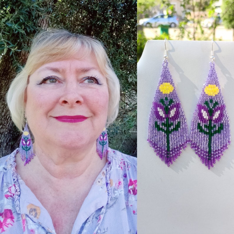 Native American Style Beaded Purple Color Flower Violet Earrings Brick Stitch Bohemian Southwestern Hippie Hand Made Great Gift Ready to Shi image 9