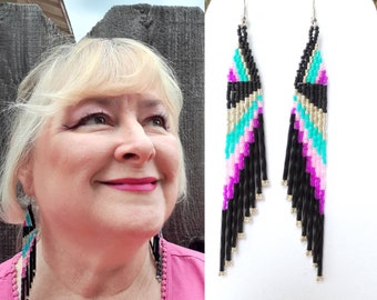 Beautiful Native American Style Beaded Turquoise, Silver and Hot Pink Earrings Southwestern Bohemian Hippie Brick Stitch Gypsy Ready to Ship