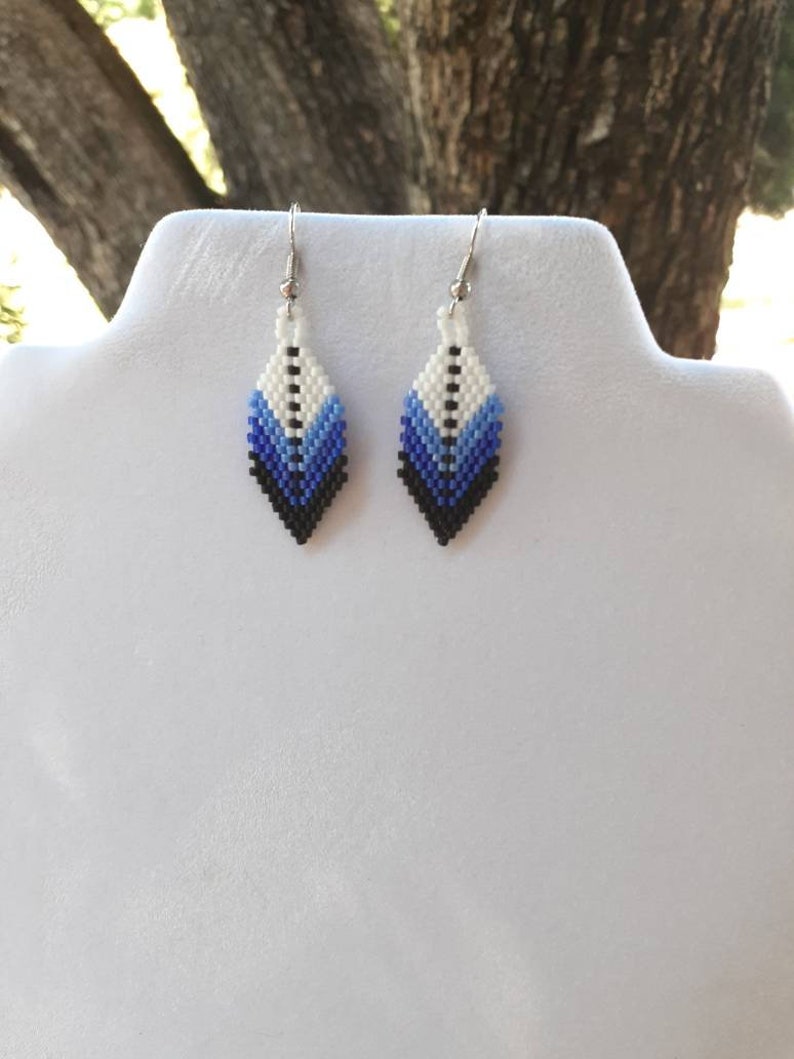 Native American Style Beaded Blue and White Small Feather Earring Southwestern, Bohemian, Hippie, Brick Gypsy, Great Gift ready to ship image 8