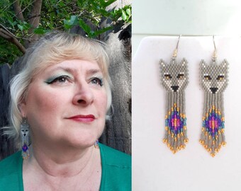 Native American Style Beaded Wolf Earrings with Peacock Eye Southwestern, Boho, Brick Stitch, Peyote, Gypsy Great Gift Ready to Ship