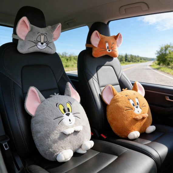 Tom and Jerry Car Neck Pillow, Soft Faux Fur Headrest, Cute Cartoon Cat Mouse Cushion, Plush Auto Accessories, Funny Car Decor Gift Idea
