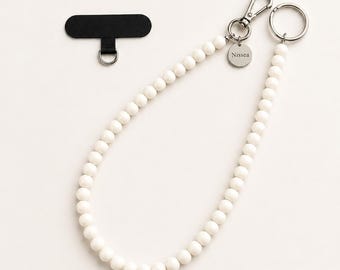 Milk Beaded Phone Strap, Minimalist Wristlet Lanyard, Silver-Tone Charm Accessory