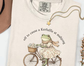 Off To Cause A Kerfuffle At Mahjong Comfort Colors® Shirt, Sarcastic Meme Frog Riding Bike Tee, Mental Health Awareness Gift |