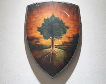 Hand-Painted Wooden Tree of Life Shield – Fantasy Cosplay Armor, Wall Art