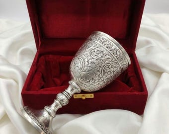 Handmade Brass Chalice Goblet – Intricate Floral Engraving, Silver Finish – Ritual, Decor