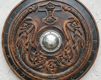 Handcrafted Viking Shield – Carved Thor’s Hammer, World Serpent Norse Decor