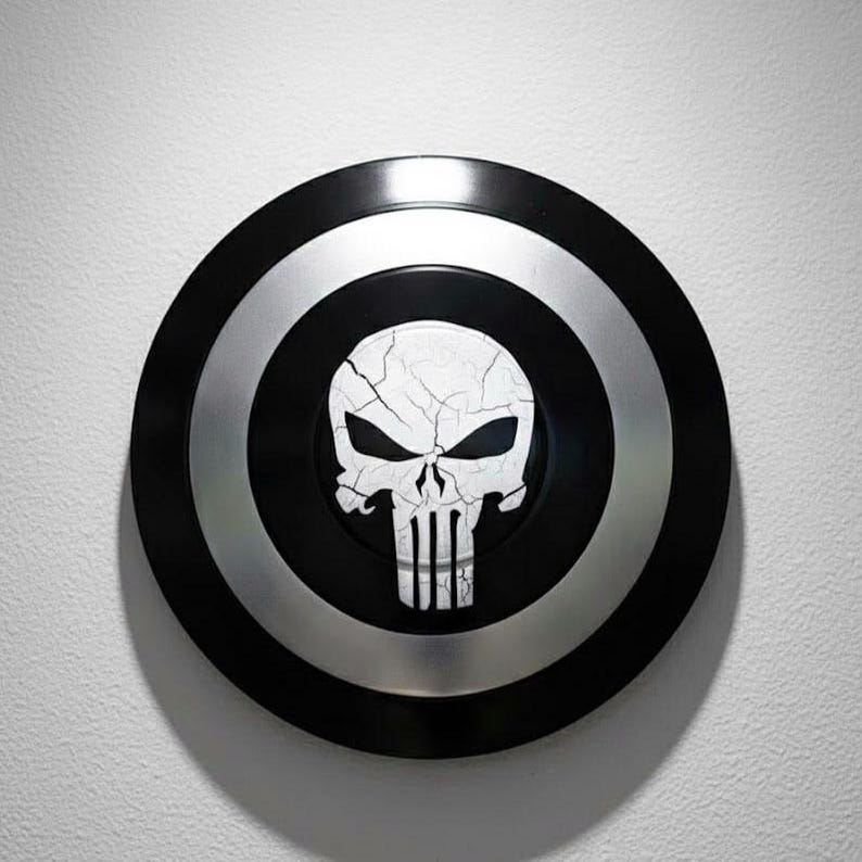 K&ouml;nnte beinhalten: Ein schwarzer und silberner Schild mit einem wei&szlig;en Totenkopf-Emblem. Der Schild hat ein kreisf&ouml;rmiges Design mit einem schwarzen Au&szlig;enring, einem silbernen Mittelring und einem schwarzen Zentrum mit dem Totenkopf. Der Totenkopf hat ein rissiges Aussehen.