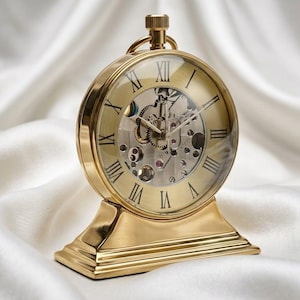 Vintage Style Brass Skeleton Table Clock Exposed Mechanical Movement Desktop Timepiece Golden Desk Clock with Glass Case Gift for Him