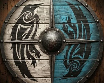 Handmade Wooden Viking Shield – Ravens of Odin, Teal & White, 24" Wall Art/Cosplay