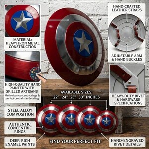 May include: A red, white, and blue shield with a star emblem, available in 22", 24", 28", and 30" sizes. Features hand-crafted leather straps, heavy-duty rivets, and steel alloy composition. The shield is hand-painted with meticulous detailing. The text reads "FIND YOUR PERFECT FIT".