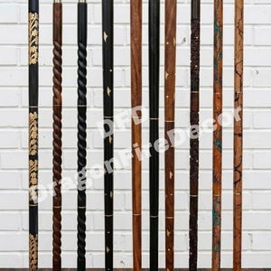May include: Ten walking canes labelled A to J, featuring various designs including carved floral patterns, twisted wood, inlaid geometric shapes, dark wood, light wood, and fractal patterns with blue accents, all topped with metal threaded connectors.