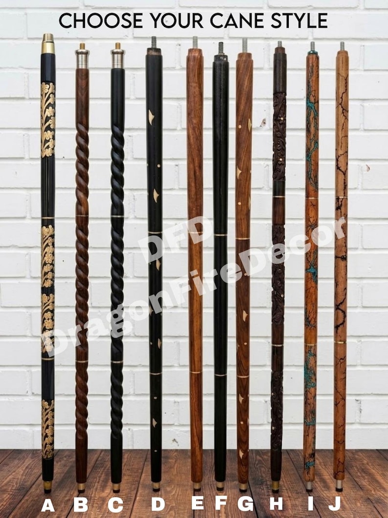 May include: Ten walking canes labelled A to J, featuring various designs including carved floral patterns, twisted wood, inlaid geometric shapes, dark wood, light wood, and fractal patterns with blue accents, all topped with metal threaded connectors.