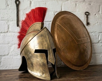 Handgeschmiedeter spartanischer Helm und 22-Zoll-Schild-Set - König Leonidas Nachbildung Rüstung, Krieger Kostüm, Dekoration