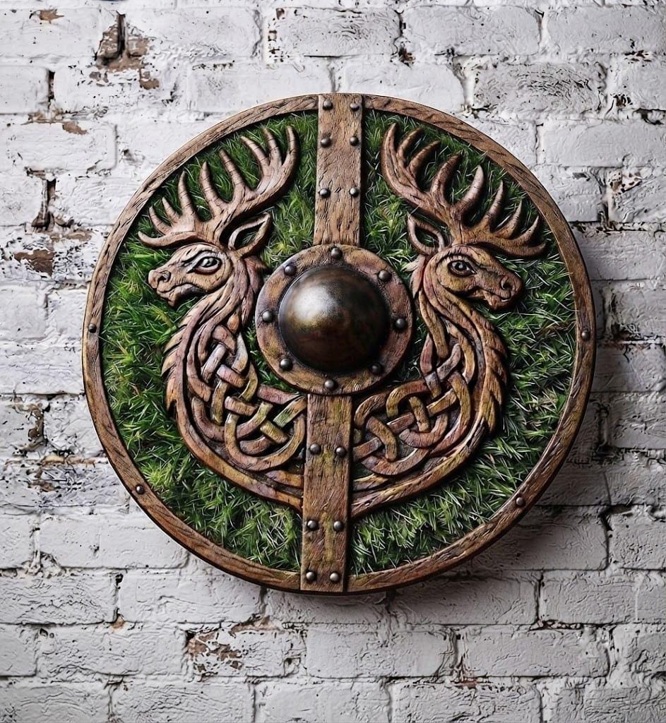 Celtic Stag Viking Shield Hand-Carved - 22" Medieval Wall Decor, Artisan Wood Shield with Moss Infill, Unique Fantasy Home Gift