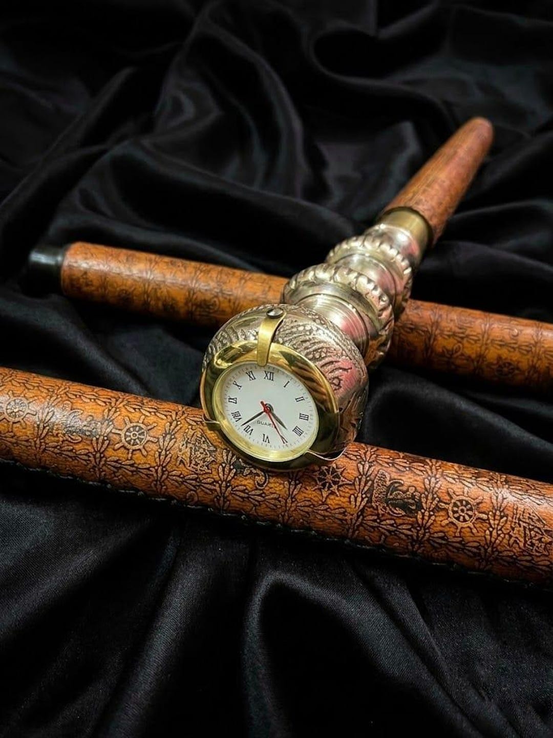 Victorian Brass Walking Stick With Clock | Pirate Nautical Wood Cane ...